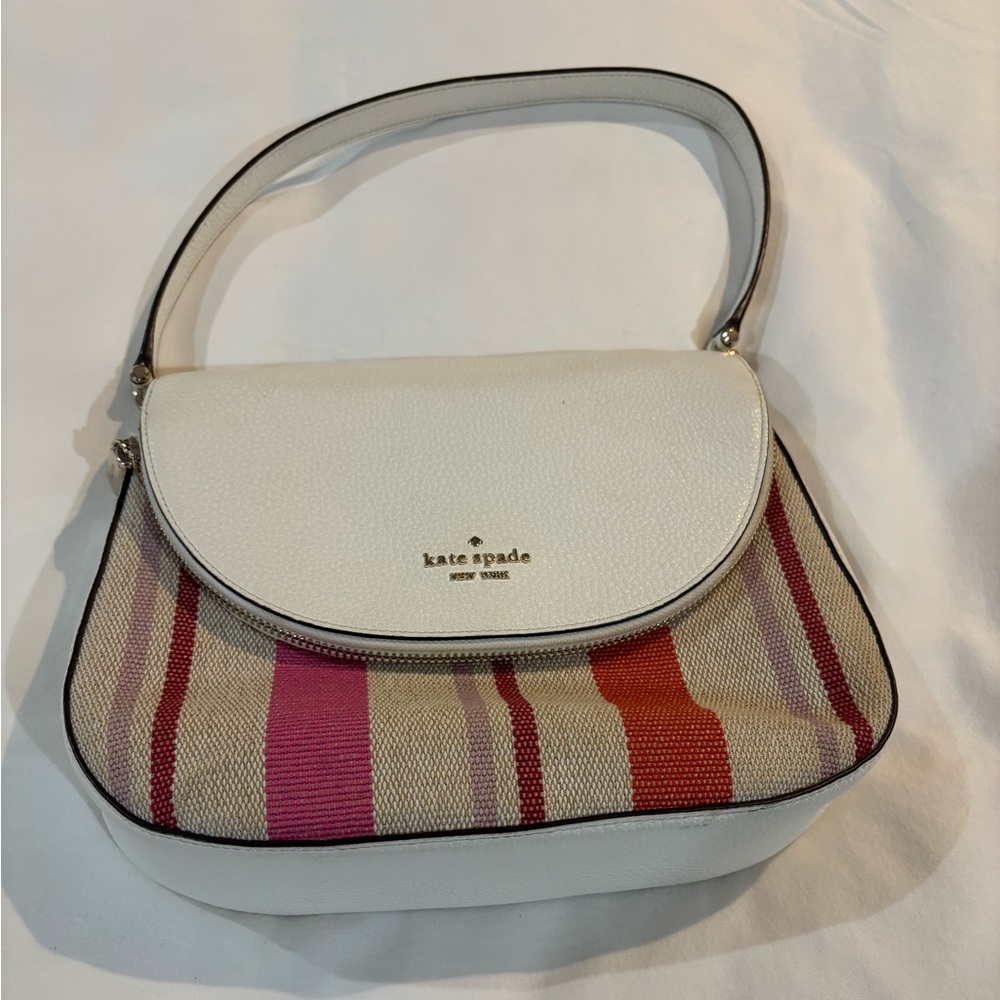 Kate Spade Leila flap Shoulder bag medium handbag White multi Striped Canvas